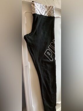 PINK Victoria's Secret Black Leggings with Paisley Fold-Over Waistband